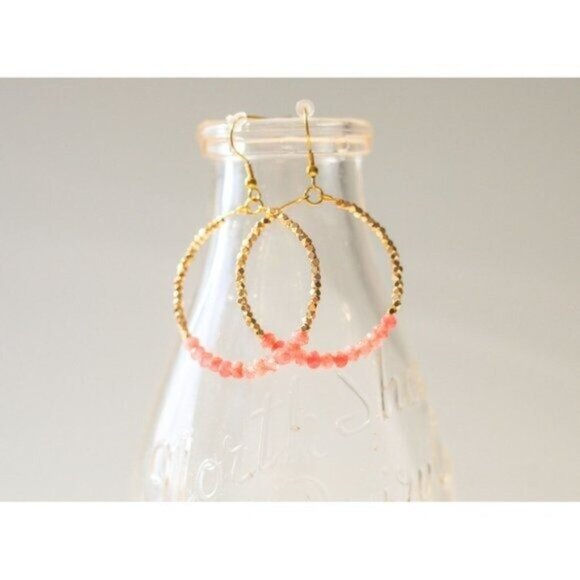 Red Jade Pink Sparkly Gold Beaded Earring Gemstone dangle hoops vacation jewelry - Picture 6 of 10